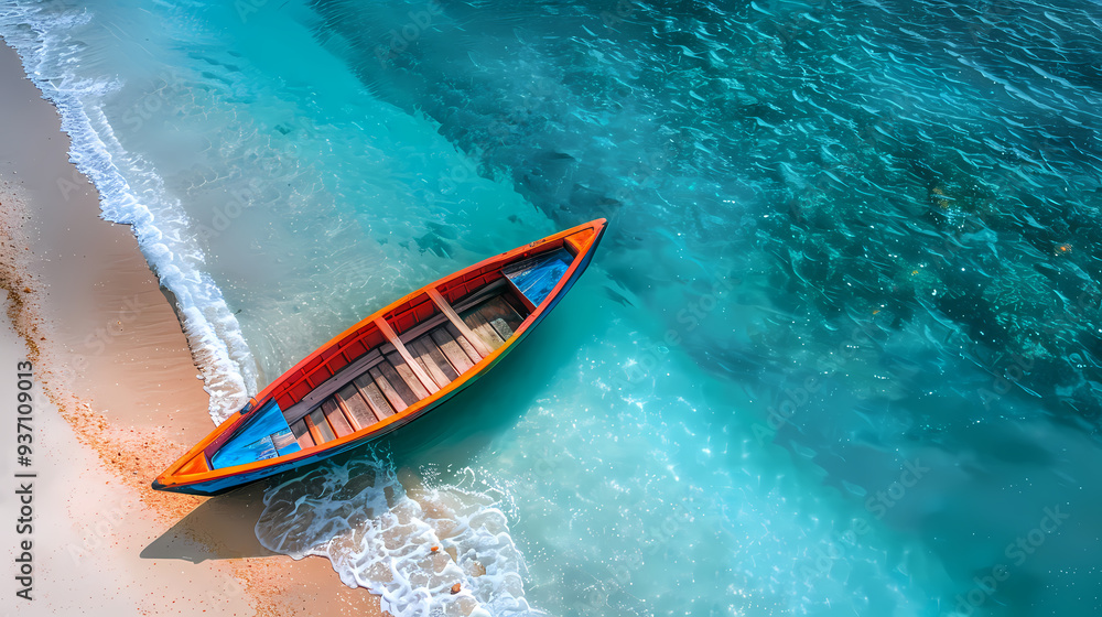 A colorful canoe on the beach, bird's eye view,high definition photography, clean white sand, clear turquoise sea water, waves lapping at shore edge,a sense of calmness in the scene A colorful canoe on the beach, bird's eye view,high definition photography, clean white sand, clear turquoise sea water, waves lapping at shore edge,a sense of calmness in the scene