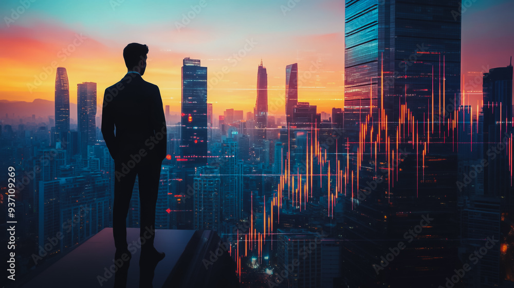 Abstract business man stands on the peak of success amid tall, innovative Smart city and graphs with statistics to analyze business potential and predict future developments in company growth. Abstract business man stands on the peak of success amid tall, innovative Smart city and graphs with statistics to analyze business potential and predict future developments in company growth.