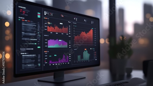 A liveupdating digital dashboard in 3D, showing realtime data analysis with moving charts