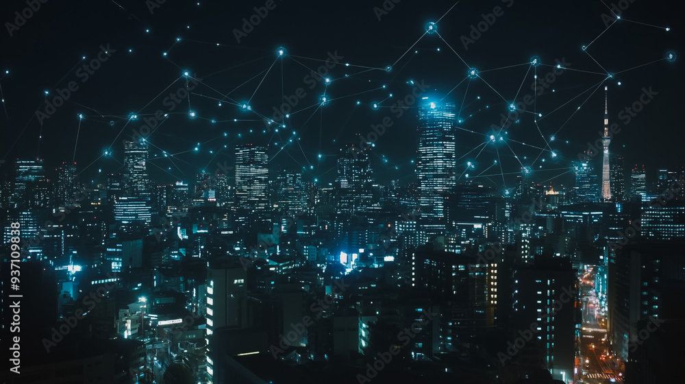 Obraz premium Smart digital city with connection network reciprocity over the cityscape . Concept of future smart wireless digital city and social media networking systems that connects people within the city