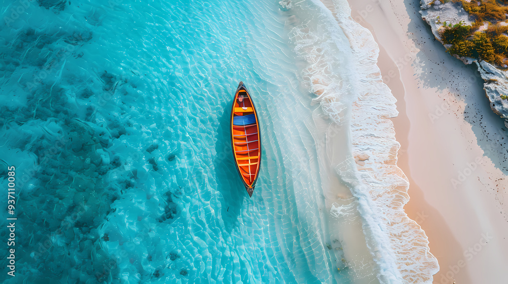 Fototapeta premium A colorful canoe on the beach, bird's eye view,high definition photography, clean white sand, clear turquoise sea water, waves lapping at shore edge,a sense of calmness in the scene