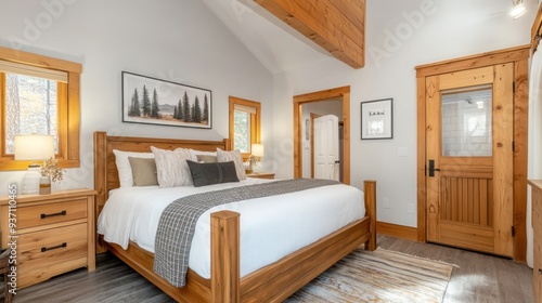 Modern bedroom with a wooden bed, a wood floor, and a large window.