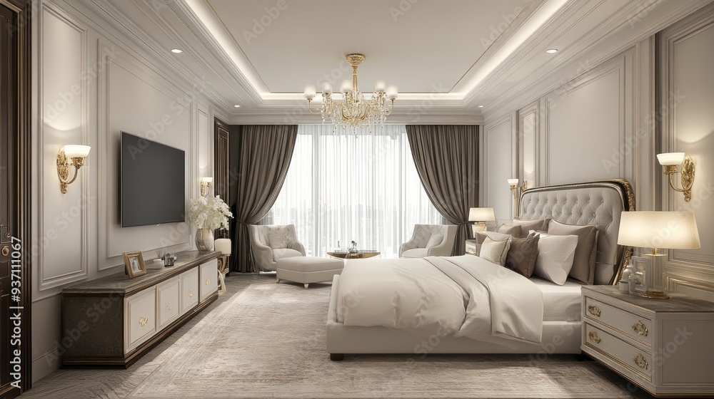 Fototapeta premium Elegant bedroom with a large bed, two armchairs, a TV, and a chandelier.
