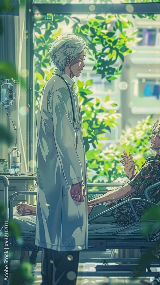 An anime doctor engages in conversation with his patient in a bright hospital room adorned with plants and natural light