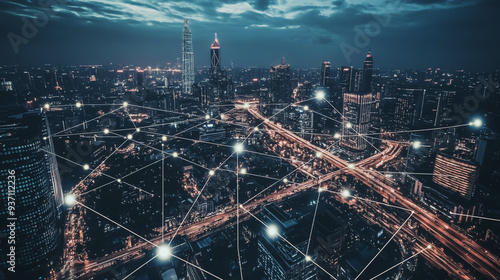 Wallpaper Mural Smart digital city with connection network reciprocity over the cityscape . Concept of future smart wireless digital city and social media networking systems that connects people within the city Torontodigital.ca