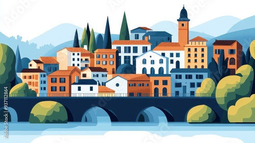 Wallpaper Mural Experience the unique charm of a village with hanging homes along the river, beautifully captured in modern art. Torontodigital.ca