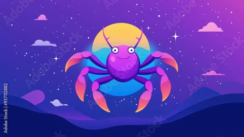 Explore a vibrant cosmic scene where the scorpion sign dances playfully in a flat illustration style, full of charm and style. photo