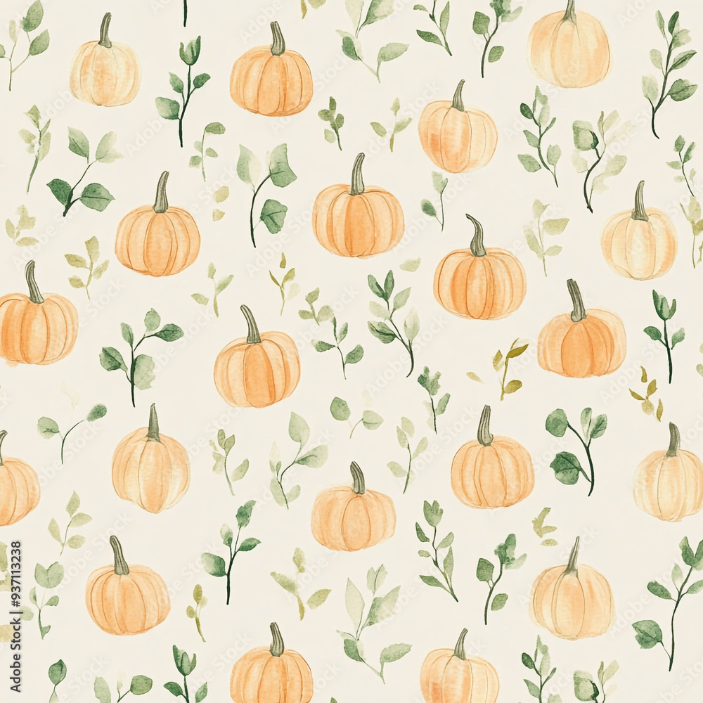Hand-drawn pumpkin and vine seamless pattern with soft colors on a light background 밝은 배경에 부드러운 색조의 손으로 그린 호박과 덩굴 무결점 패턴 Hand-drawn pumpkin and vine seamless pattern with soft colors on a light background 밝은 배경에 부드러운 색조의 손으로 그린 호박과 덩굴 무결점 패턴