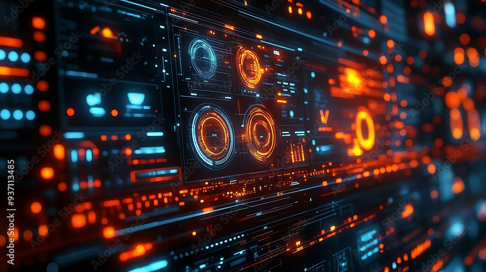 Obraz premium A detailed view of a futuristic control panel filled with vibrant digital interfaces and neon lights, showcasing advanced technology and data-driven systems in a cyberpunk setting.