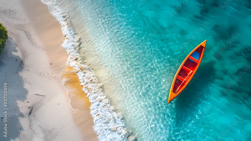 Fototapeta premium A colorful canoe on the beach, bird's eye view,high definition photography, clean white sand, clear turquoise sea water, waves lapping at shore edge,a sense of calmness in the scene