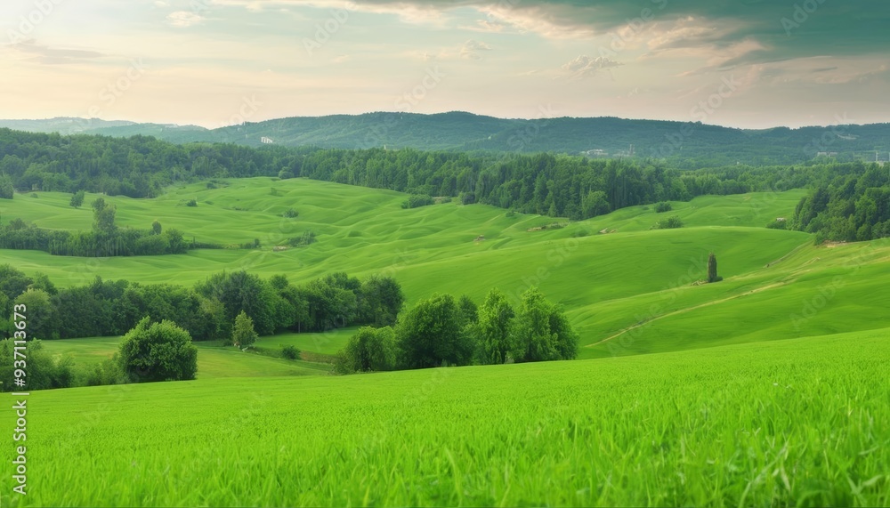 Obraz premium Vibrant green fields under a clear sky