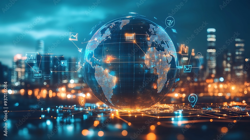 Fototapeta premium A glowing digital globe with data visualizations and connected nodes, representing global networks and technological advancements.