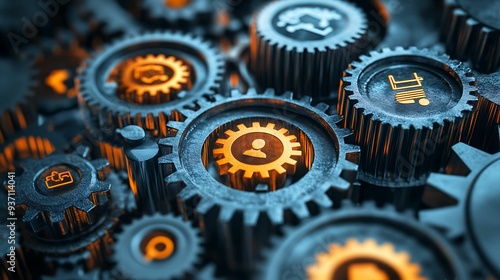 Close-up of interlocking gears with glowing digital icons representing various industries and technologies, symbolizing automation, teamwork, and the interconnected nature of modern business systems.