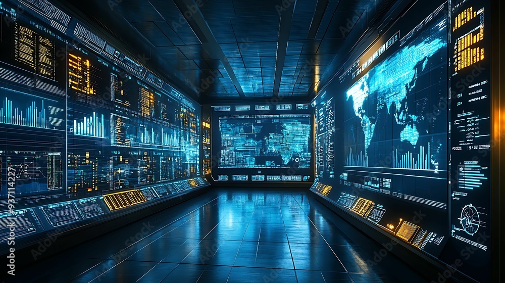 A high-tech data analysis room filled with digital displays, world maps, and charts, showcasing advanced technology for global monitoring and analytics. A high-tech data analysis room filled with digital displays, world maps, and charts, showcasing advanced technology for global monitoring and analytics.