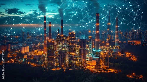 Wallpaper Mural A glowing industrial city at night, highlighted by digital network connections in the sky, symbolizing smart city technology and connectivity. Torontodigital.ca