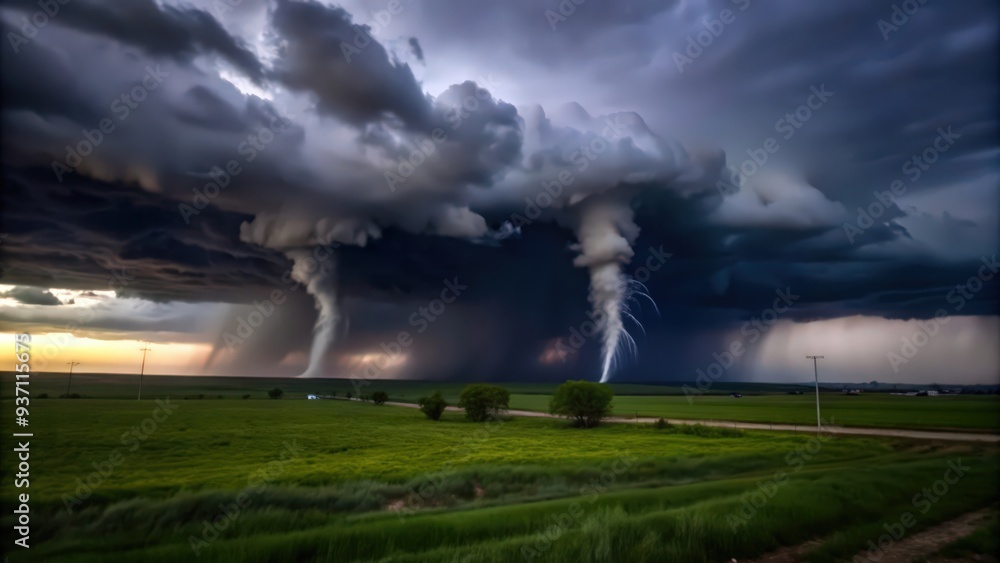 Obraz premium Two Funnel Clouds Form Under a Dark Stormy Sky
