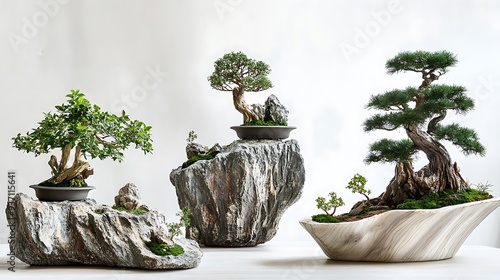 Bonsai Trees on Stone and Wood Displays