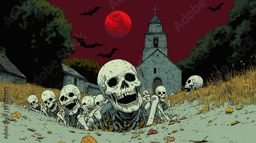 Skeletons rise from the earth beneath a blood-red moon, emerging near a creepy church and graveyard in a haunted villag