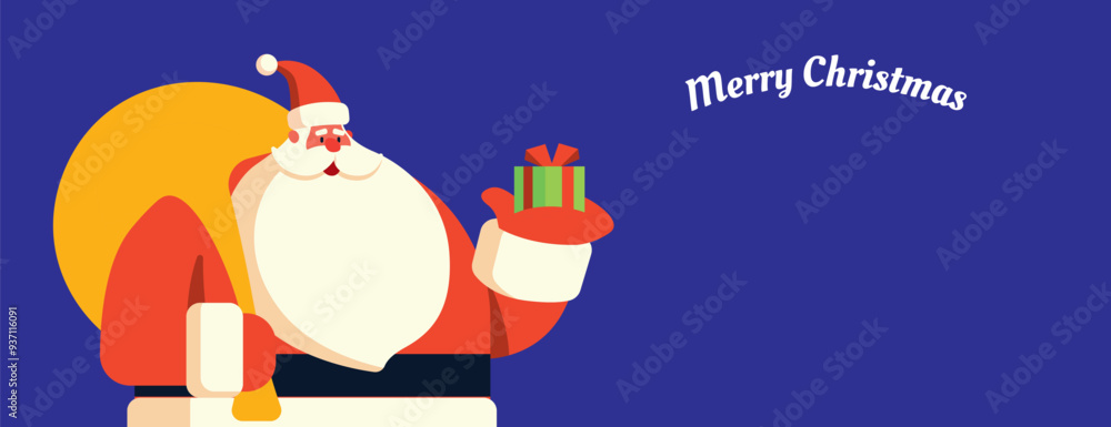 Naklejka premium Merry Christmas Santa Claus holding present on empty space flat art graphic illustration. Festive greeting card banner for social media