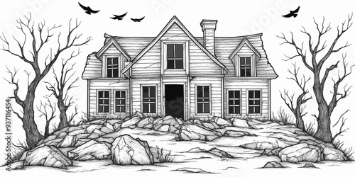 Haunted abandoned house surrounded by barren trees and rocks under a sky with flying crows in a chilling black and white scene