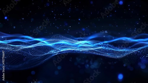 Stunning abstract blue wave pattern with glowing particles floating in space, perfect for technology, art, or background designs.