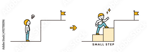 困難な目標をスモールステップで達成するビジネスマンのイラスト