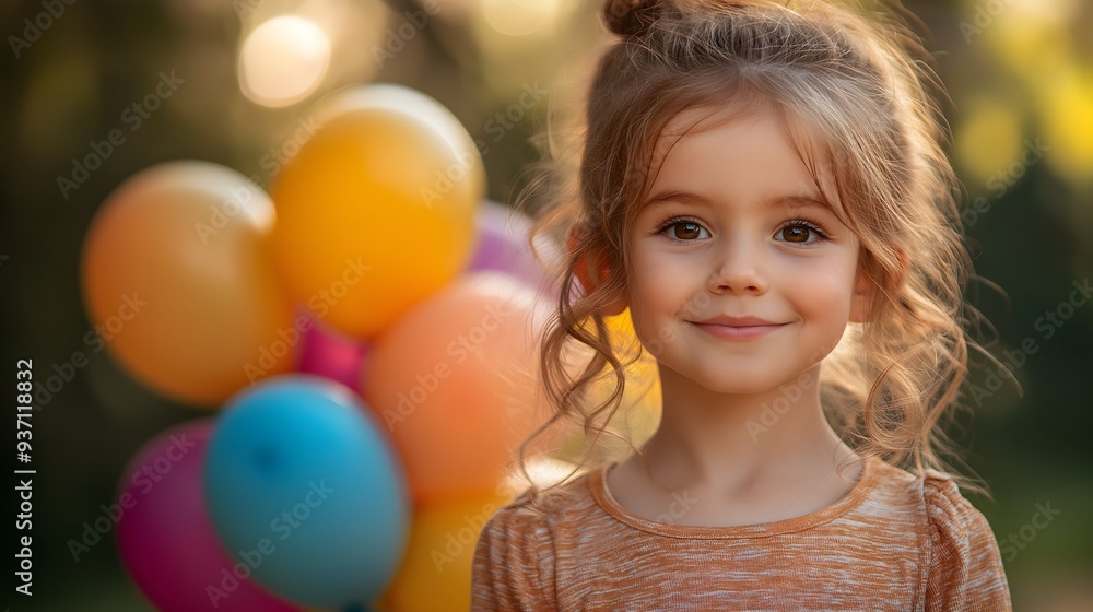 Joyful Young Girl with Colorful Balloons in Sunlit Park During Summer Celebration, print for Balloons Around the World Day Joyful Young Girl with Colorful Balloons in Sunlit Park During Summer Celebration, print for Balloons Around the World Day