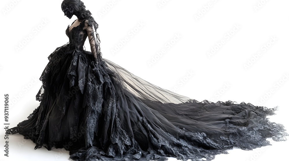 Fototapeta premium A shredded ball gown with a phantom mask, ethereal glow, dark fantasy theme, detailed lace and fabric tears, isolated on white background