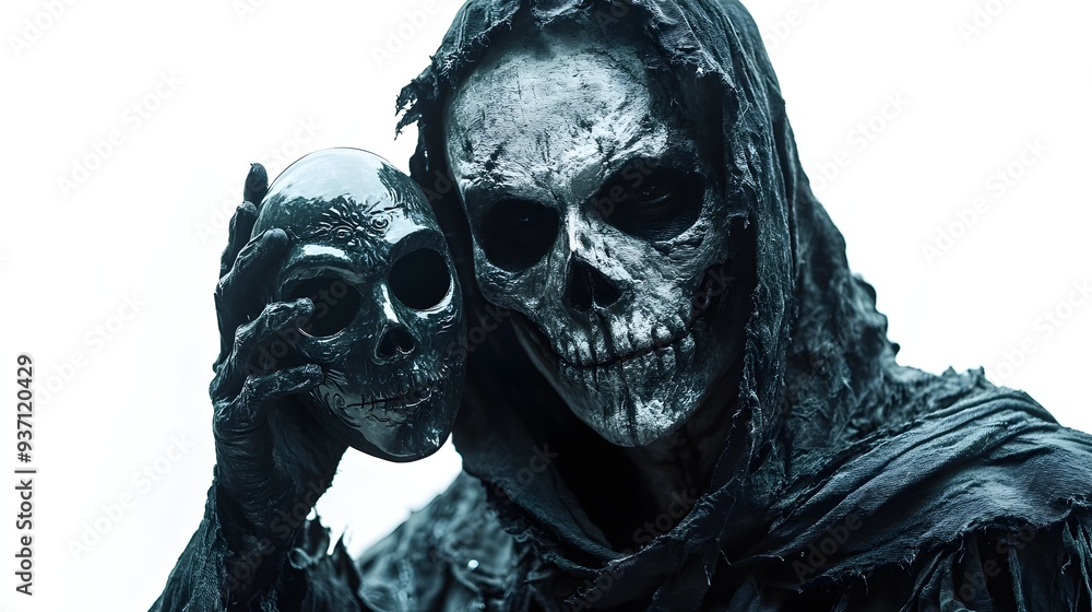 A skeletal executioner holding a Halloween mask in one hand, dark and eerie style, cinematic lighting, isolated on white background A skeletal executioner holding a Halloween mask in one hand, dark and eerie style, cinematic lighting, isolated on white background