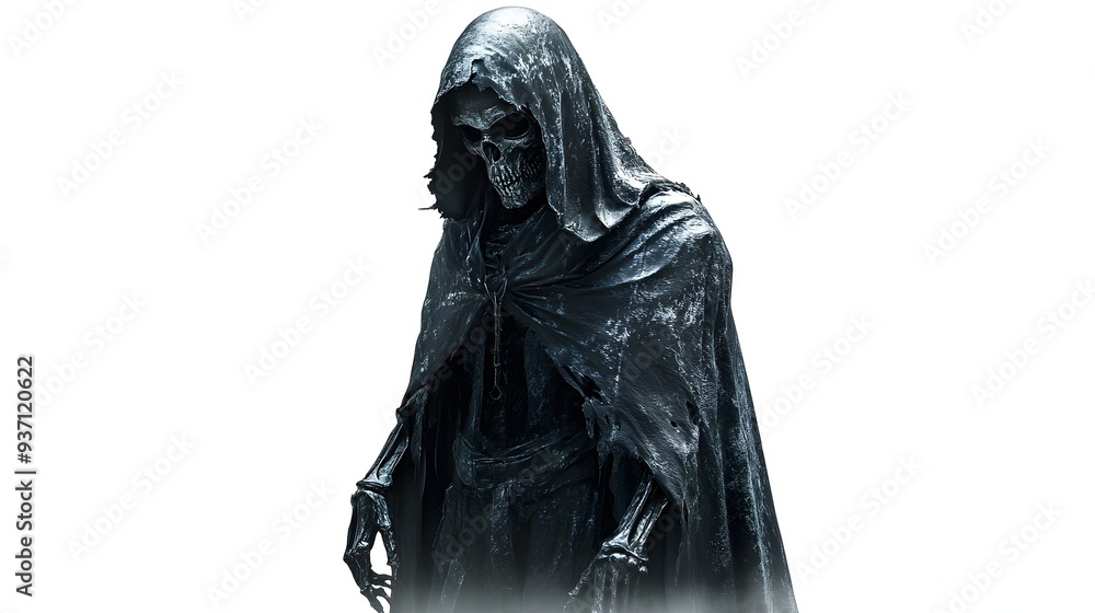 A skeletal executioner in a cloak with a spooky Halloween mask, eerie atmosphere, 3D illustration, isolated on white background