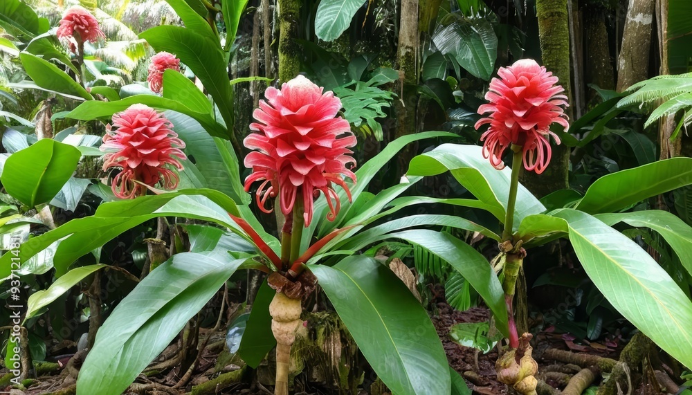 Vibrant tropical flowers in a lush jungle setting Vibrant tropical flowers in a lush jungle setting
