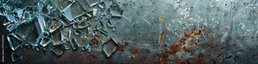 Broken glass piece on metal surface Broken glass piece on metal surface