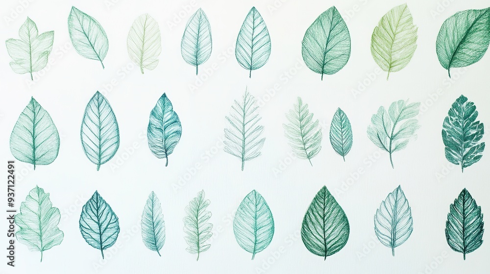 This image showcases a variety of hand-drawn green leaf botanical illustrations, neatly ordered in rows This image showcases a variety of hand-drawn green leaf botanical illustrations, neatly ordered in rows