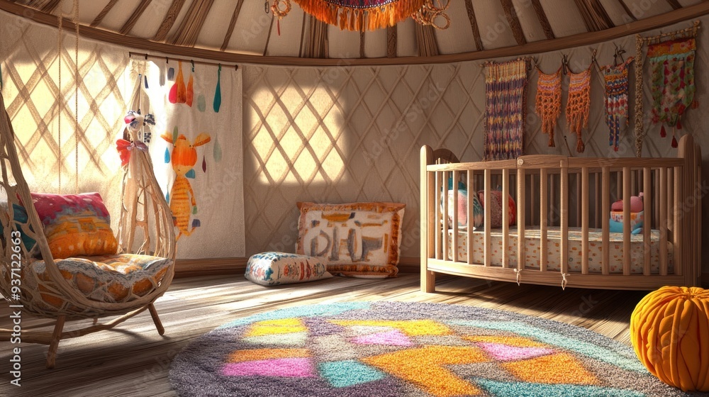 Obraz premium A colorful and cozy nursery in a yurt with a crib, a swing, a rug and a pumpkin.