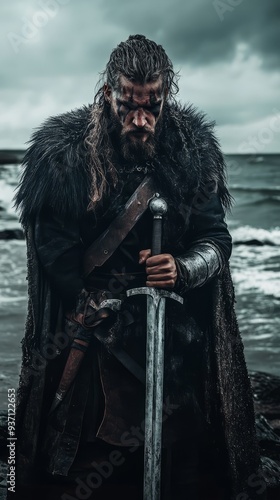 Viking warrior with sword stands on the seashore photo