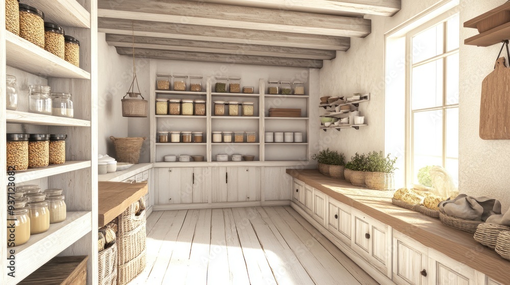 Fototapeta premium A rustic kitchen pantry with white cabinets, wood shelves, and wicker baskets filled with grains and herbs.