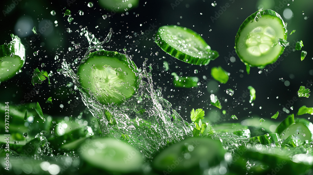 Cucumber slices splashing in water on a grey background Cucumber slices splashing in water on a grey background