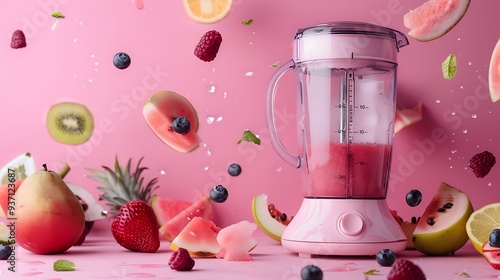 Near fruity fragments on a pink background is a press blender