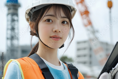 Japanese woman wearing safety uniform at construction site with crane