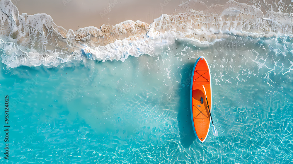 Fototapeta premium An orange and blue paddleboard on the beach, a bird's eye view, high definition photography, clean white sand, clear turquoise sea water, waves lapping at shore edge, and a sense of calmness.