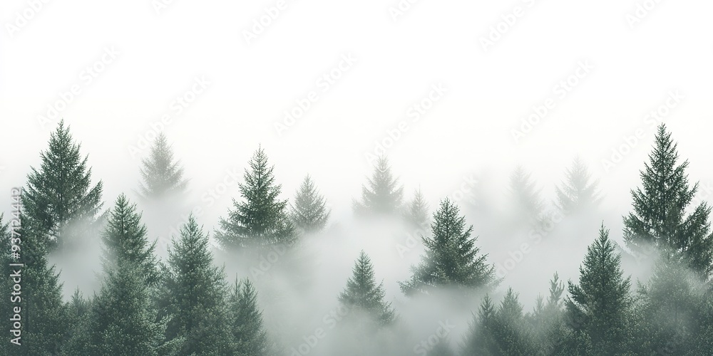 Obraz premium Isolated white background with fog engulfing a spruce forest. Seamless pattern.