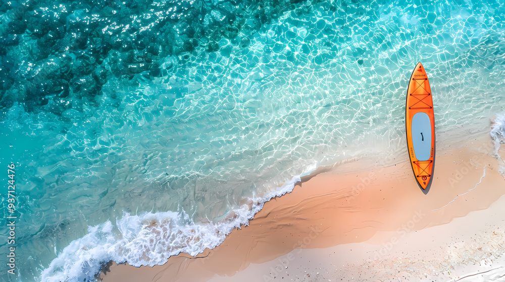 Fototapeta premium An orange and blue paddleboard on the beach, a bird's eye view, high definition photography, clean white sand, clear turquoise sea water, waves lapping at shore edge, and a sense of calmness.