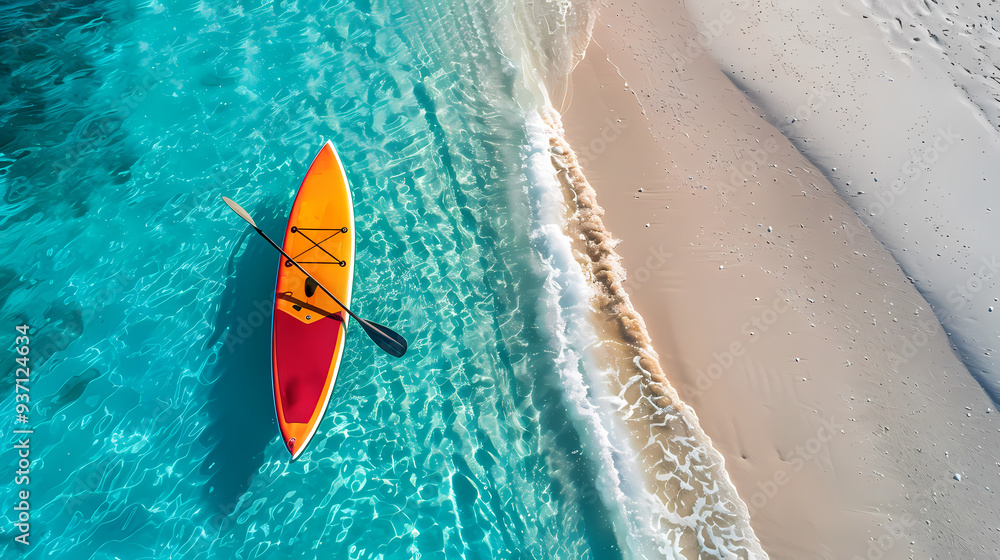 Fototapeta premium An orange and blue paddleboard on the beach, a bird's eye view, high definition photography, clean white sand, clear turquoise sea water, waves lapping at shore edge, and a sense of calmness.