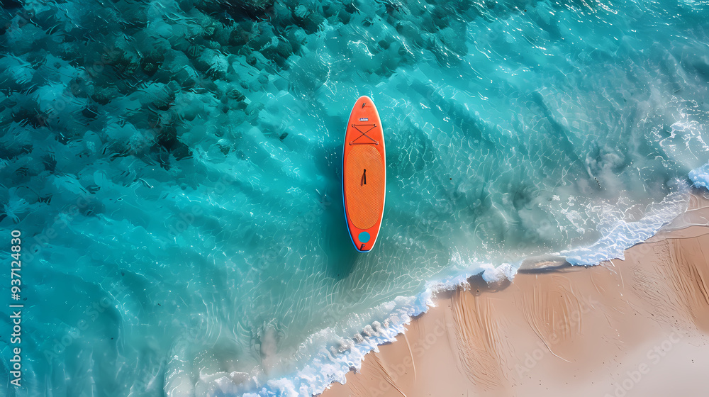 Fototapeta premium An orange and blue paddleboard on the beach, a bird's eye view, high definition photography, clean white sand, clear turquoise sea water, waves lapping at shore edge, and a sense of calmness.