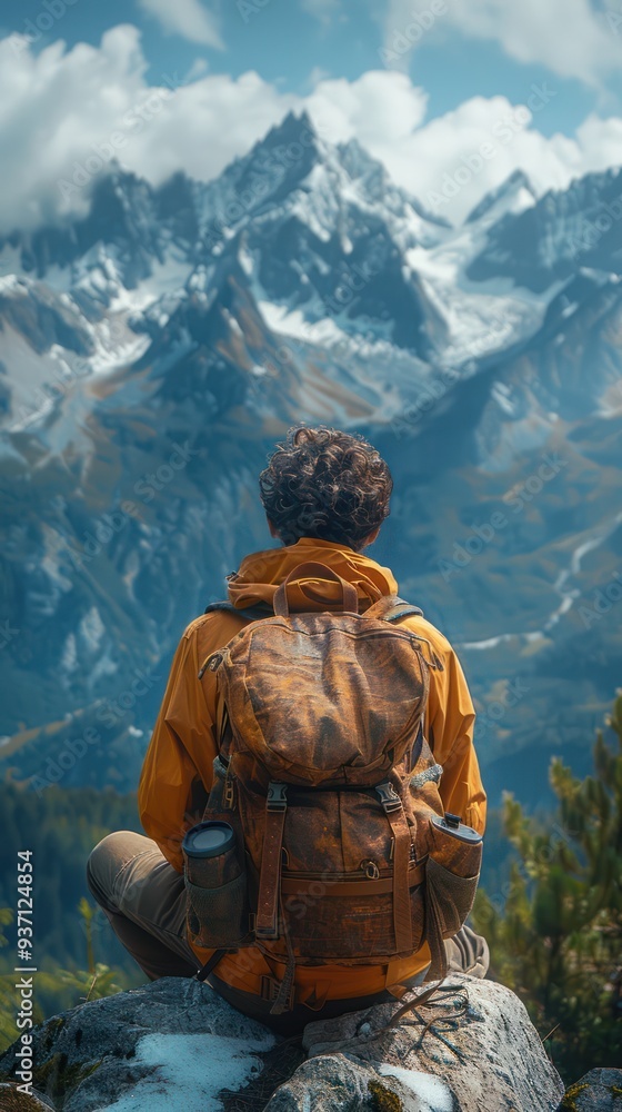 Solo Backpacker Admiring Majestic Mountain Range Solo Backpacker Admiring Majestic Mountain Range