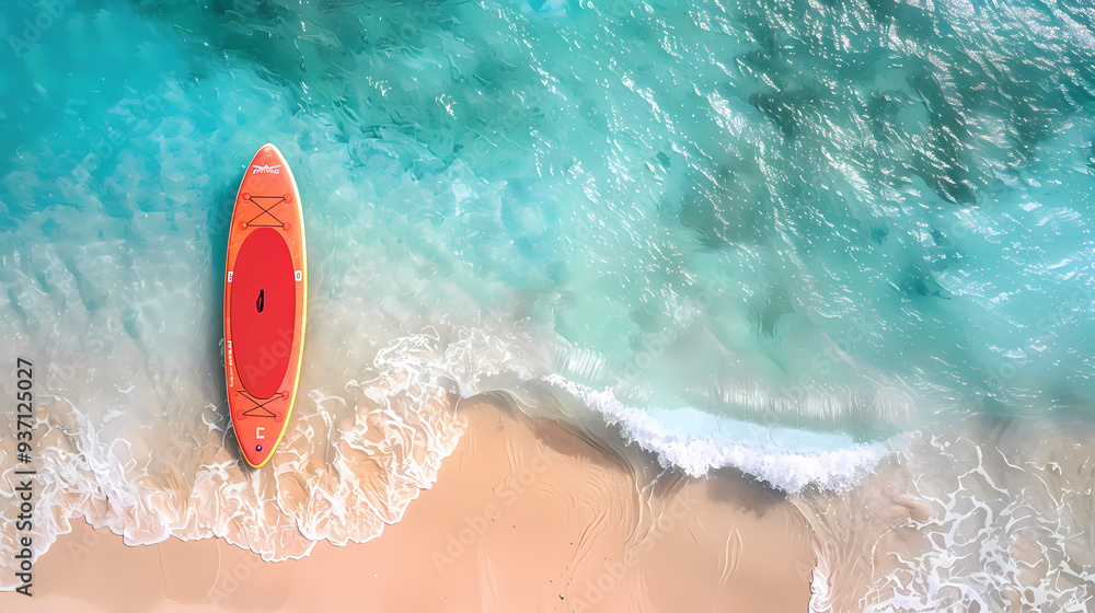 Fototapeta premium An orange and blue paddleboard on the beach, a bird's eye view, high definition photography, clean white sand, clear turquoise sea water, waves lapping at shore edge, and a sense of calmness.