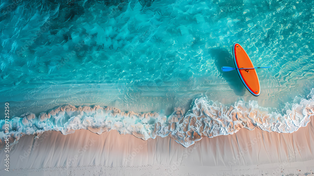 Fototapeta premium An orange and blue paddleboard on the beach, a bird's eye view, high definition photography, clean white sand, clear turquoise sea water, waves lapping at shore edge, and a sense of calmness.