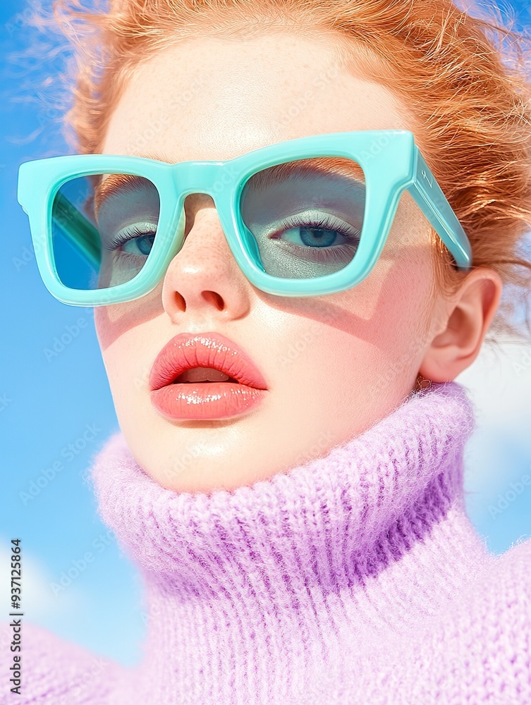 high end fashion editorial Y2K street style outfit, a redhead supermodel wearing a lavender turtleneck sweater, extreme close up shot, oversized 60s style blue sunglasses high end fashion editorial Y2K street style outfit, a redhead supermodel wearing a lavender turtleneck sweater, extreme close up shot, oversized 60s style blue sunglasses