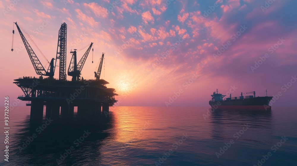Oil Rig and Cargo Ship at Sunset Oil Rig and Cargo Ship at Sunset