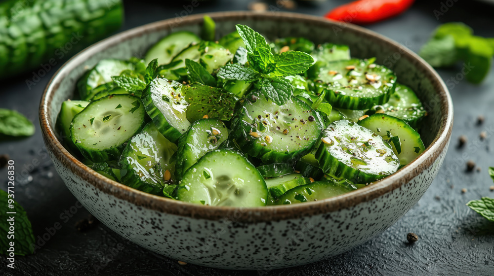Cucumber salad in a wooden bowl on a dark background Cucumber salad in a wooden bowl on a dark background